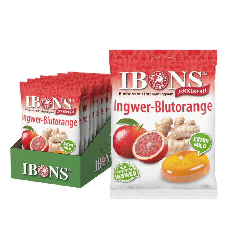 IBONS Ginger Candy Display arancia rossa senza zucchero 10x75g