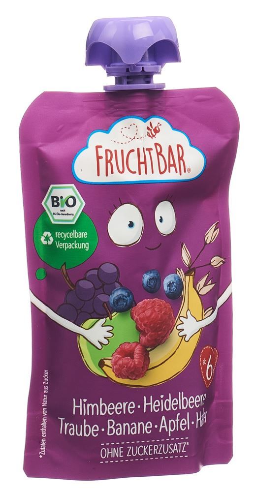 FRUCHTBAR Fruchtpüree Bio Himbeer Heidelbeer Traube Banane Hafer, 100g