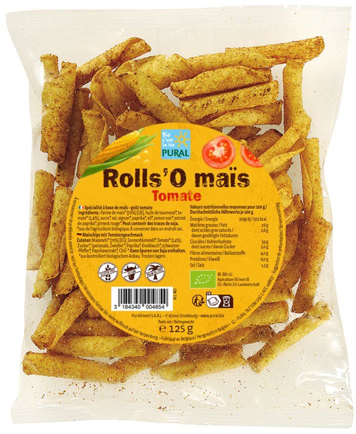 Pural Corn Rolls Chips Tomato Btl 125g