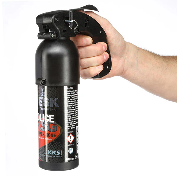 Spray al peperoncino VESK RSG Police a getto largo con impugnatura a pistola brevettata 400ml