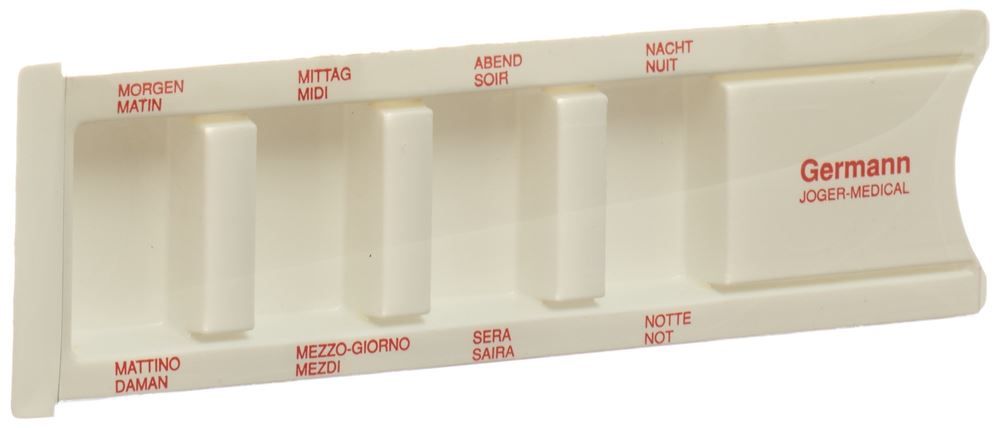 Distributore giornaliero di farmaci GERMANN con etichetta bianca/rossa
