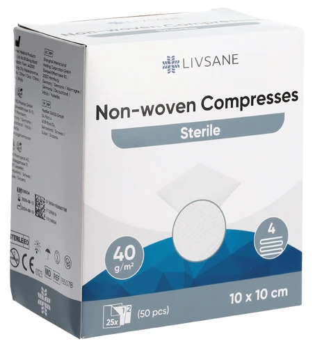 LIVSANE: garze in tessuto non tessuto 10 x 10 cm, sterili, 2 confezioni da 25 pezzi
