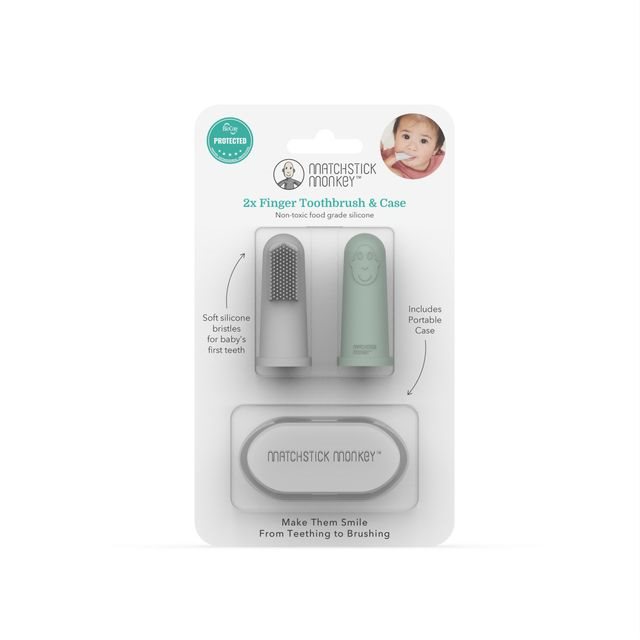 Spazzolino da denti da dito MATCHSTICK MONKEY, menta e grigio, 2 pezzi