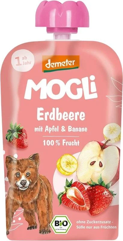 MOGLI Sacchetto con frutta da spremere alla fragola, mela e banana, 100 g