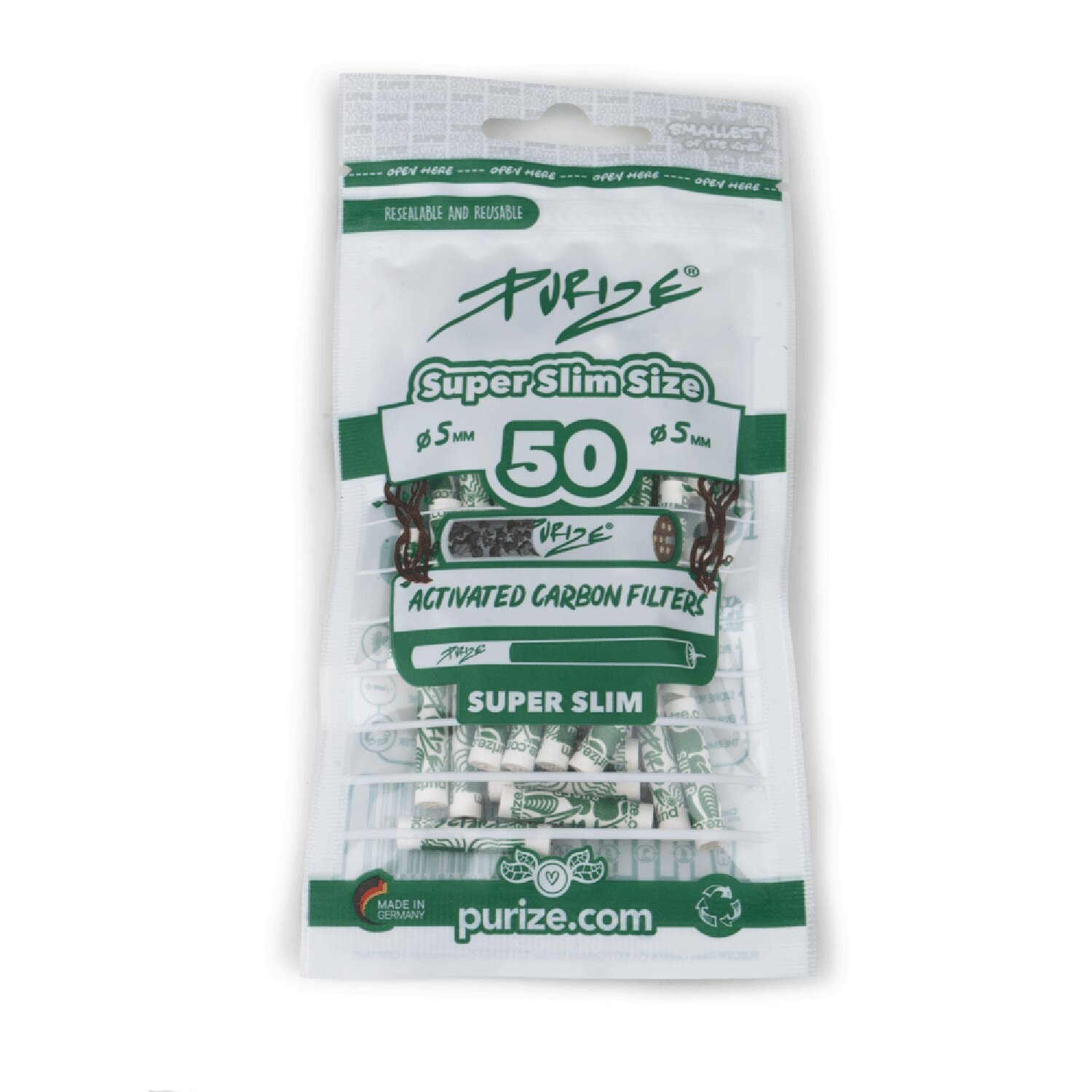 PURIZE® Super Slim - Filtri a carbone attivo bianchi, 50 pezzi
