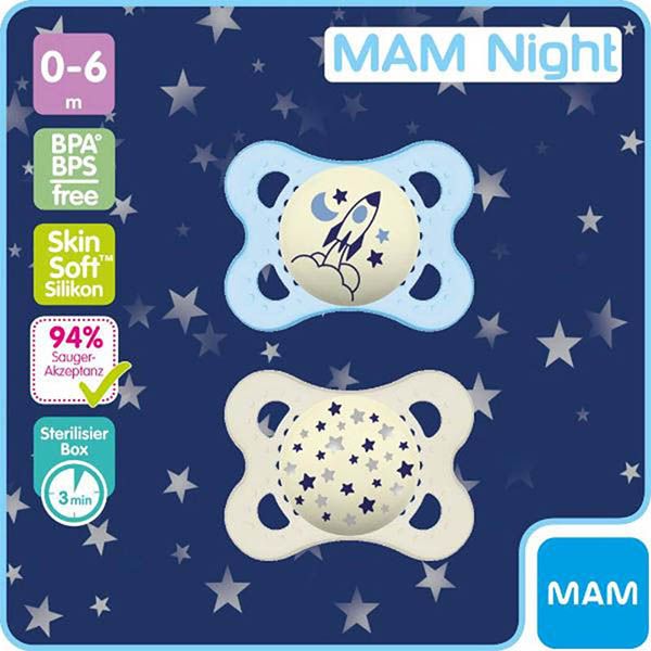MAM Night Nuggi Silikon 0-6 Monate Boy 2 Stück