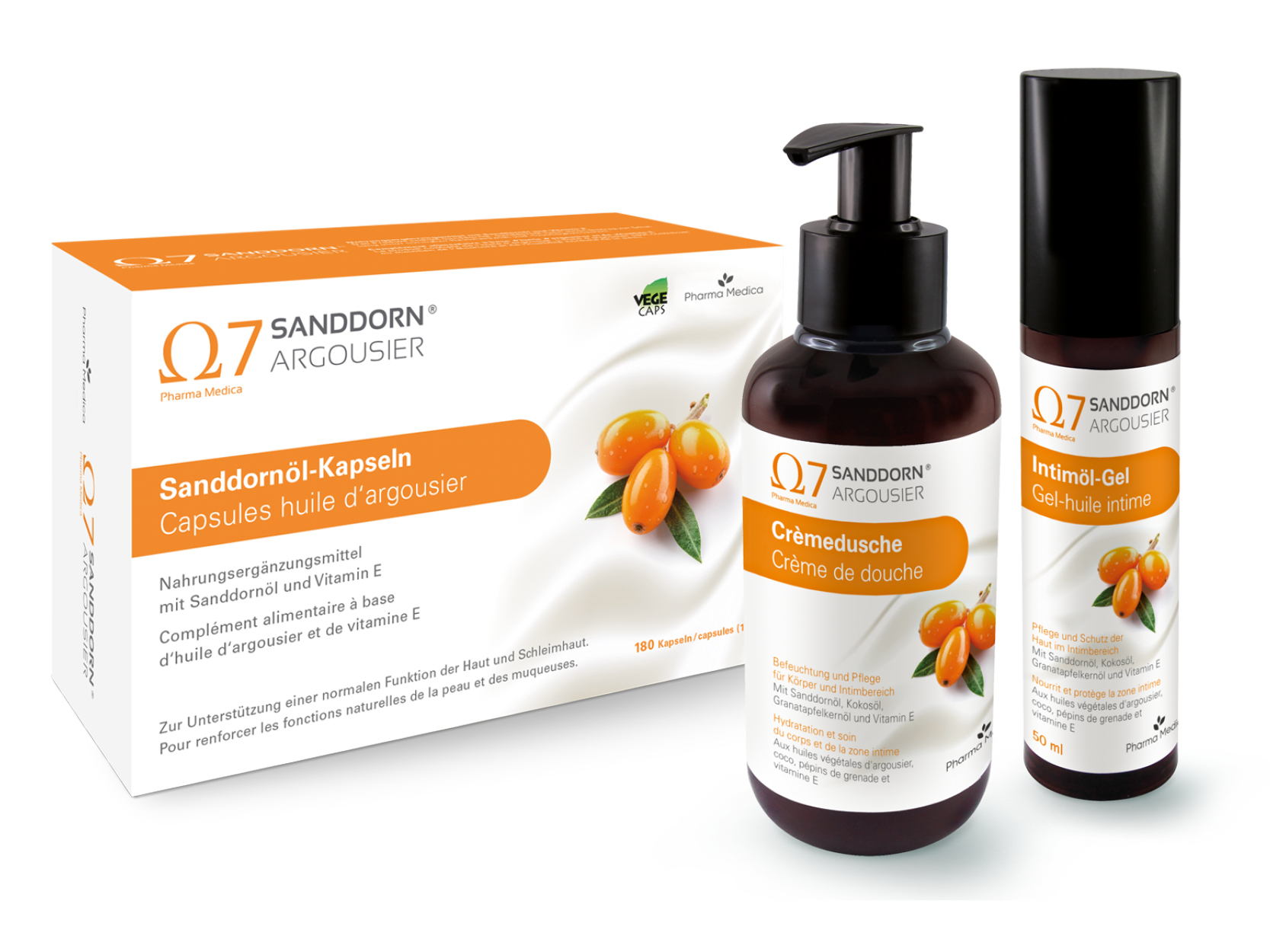 Ω7 Set di 180 capsule di olivello spinoso Argousier®, olio intimo in gel 50ml e crema doccia