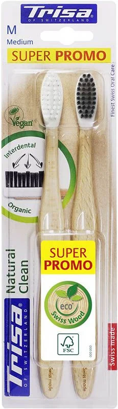 Trisa Natural Clean spazzolino in legno medi DUO 2 pezzi