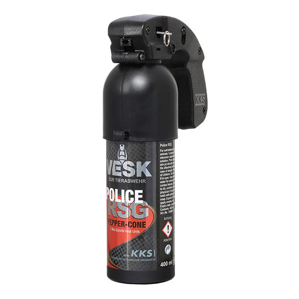 Spray al peperoncino VESK RSG Police a getto largo con impugnatura a pistola brevettata 400ml