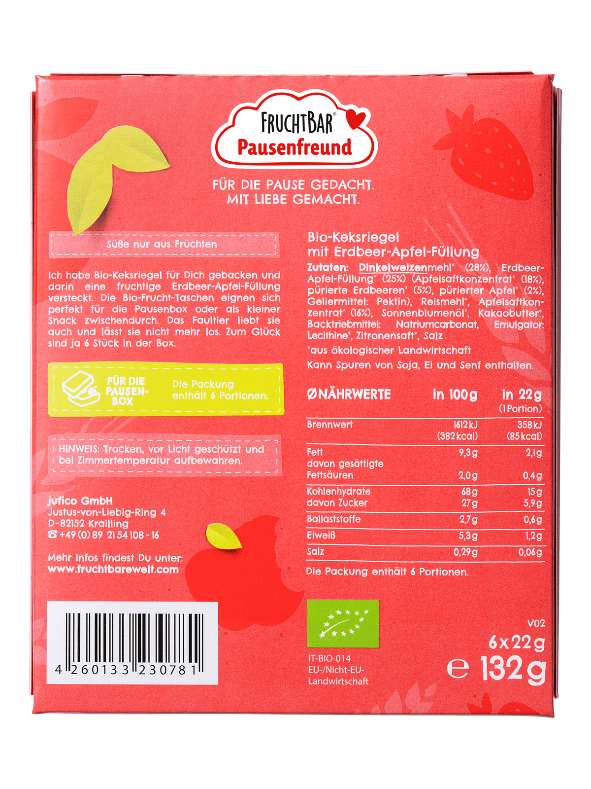 Fruchtbar Frutta in busta di farro biologico Fragola Mela 6x 22g