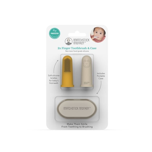Spazzolino da denti da dito MATCHSTICK MONKEY beige e giallo, confezione da 2 pezzi