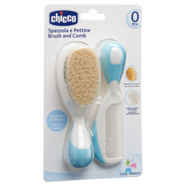 Pettine e spazzola Chicco in setole naturali azzurro 0m+