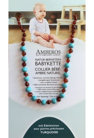 AMBEROS collana d'ambra naturale con gemme Barocco Cognac Turchese