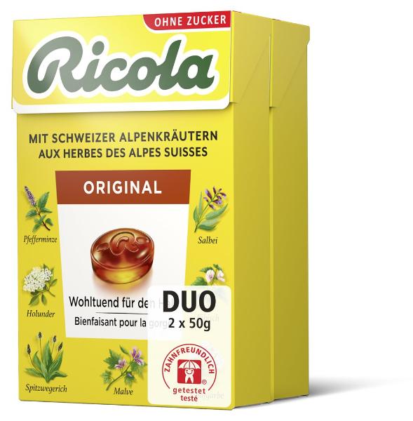 Caramelle Ricola Original senza zucchero con stevia, 2 x 50 g
