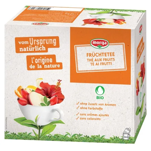 Tè ai frutti Morga con miele, certificato Knospe Bio, bustine, confezione da 50 pezzi