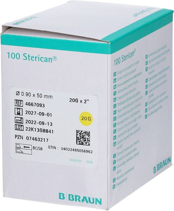 STERICAN cannula G20 0,9x50mm 2 corti giallo 100 pezzi