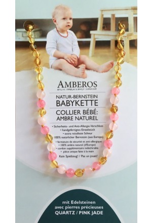 AMBEROS collana d'ambra naturale con gemme Barocco Quarzo limone Giada rosa