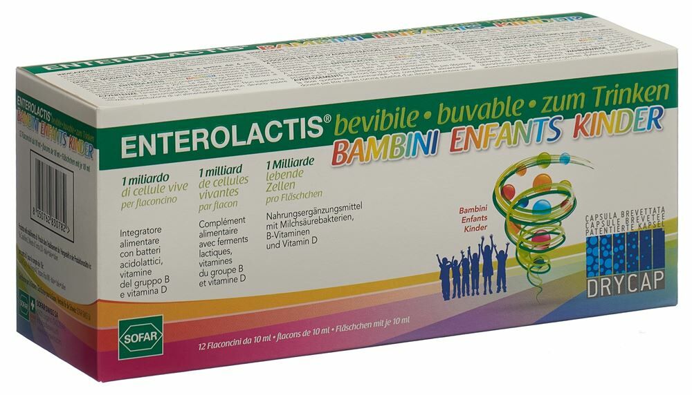 Soluzione da bere Enterolactis per bambini con fermenti lattici, vitamine del gruppo B e vitamina D12, 10ml